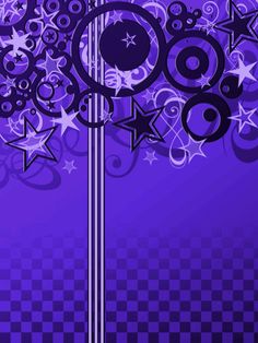 an abstract purple background with stars and circles in the shape of a clock on a pole