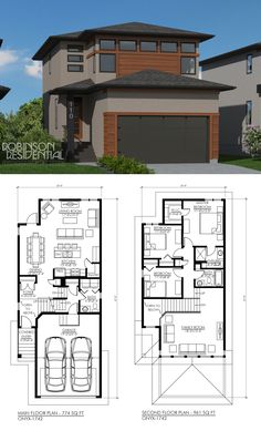 two story house plans with garage and living room in the middle, one bedroom on each floor