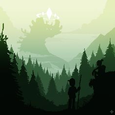 the silhouettes of two people are standing in front of some trees and mountains, with an overcast sky behind them