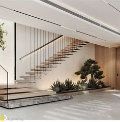 a modern staircase with plants in the middle