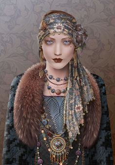 a digital painting of a woman wearing a scarf and headdress with fur on it