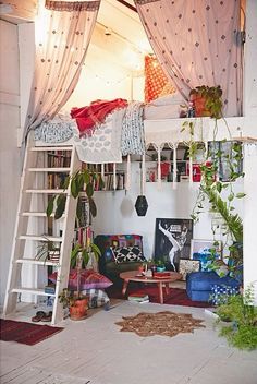 a loft bed with a ladder to the top and plants growing on the bottom bunk