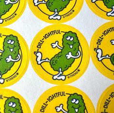 several stickers depicting different types of broccoli on white paper with yellow background