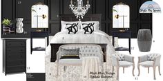 black and white bedroom with chandelier, bed, chair, dresser, mirror