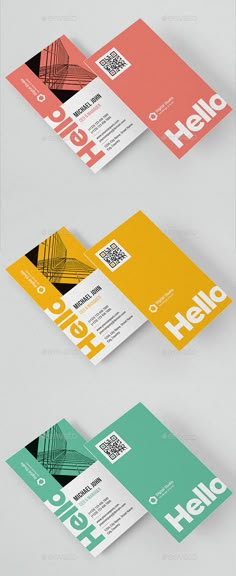 three business cards with different colors and shapes on the front, back and side of each card