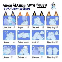 the instructions for how to wash hands with blue and white images are shown in this cartoon