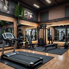 an empty gym with treadmills, exercise machines and other personal training equipment in it