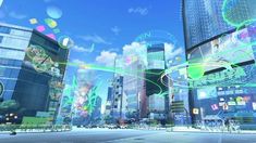 an animated cityscape with futuristic buildings and neon lights in the sky, on a sunny day