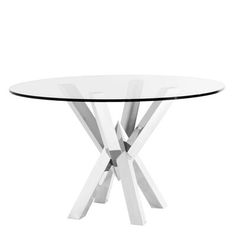 a glass table with metal legs and a white base on the top, against a white background