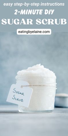 Homemade sugar scrub in a glass jar with a gray background. Home Made Sugar Scrub Recipe, How To Make A Face Scrub, Diy Scrubs Body Sugar, Vanilla Sugar Scrub Diy, Simple Sugar Scrub Recipe, Easy Sugar Scrub Recipe, Hand Scrub Recipe, Homemade Face Scrub, Facial Scrub Recipe