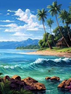 a painting of a tropical beach scene with palm trees and blue water, along with rocks in the foreground