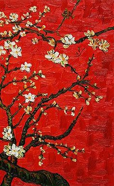 a painting of a tree with white flowers against a bright red background is featured in the foreground