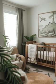 a baby's room with a crib, rocking chair and dinosaur artwork on the wall