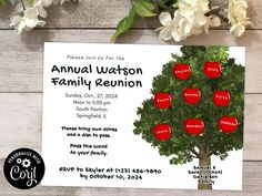 a family reunion card with an apple tree