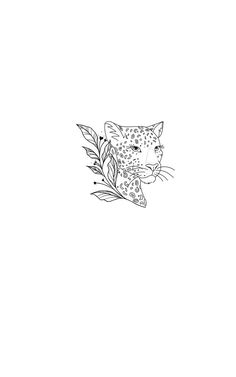 a black and white drawing of a cheetah with leaves on it's head