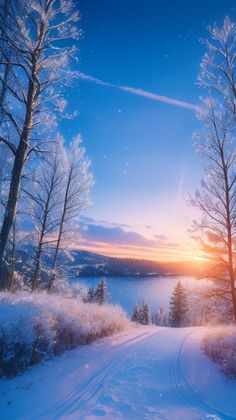 the sun is setting over a snowy landscape with trees in the foreground and snow on the ground