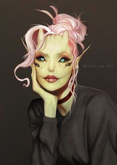 a digital painting of a woman with pink hair and blue eyes wearing a black shirt