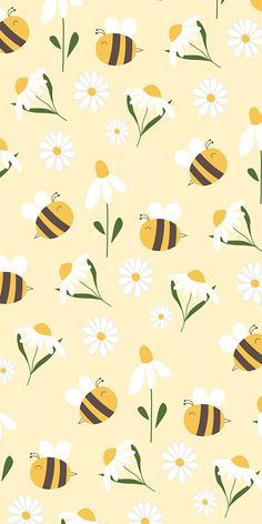 a yellow background with white flowers and bees