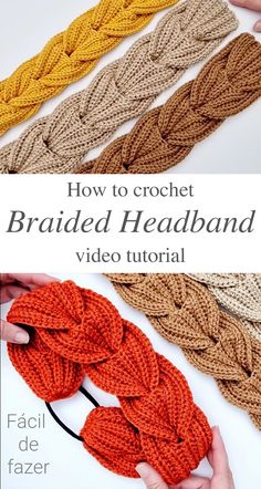 the instructions for how to crochet braided headbands are shown in three different colors