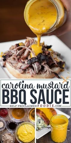 someone is pouring mustard onto a pulled pork bbq sauce on top of a sandwich