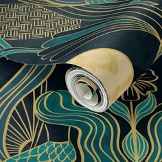 an artistic wallpaper with gold and green designs on black paper, featuring waves and swirls