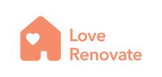 the love renovate logo with an orange house and heart on it's side