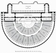 an old drawing of a building with a circular floor plan on the front and side