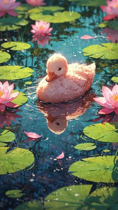 a pink duck floating on top of a pond filled with water lilies and lily pads