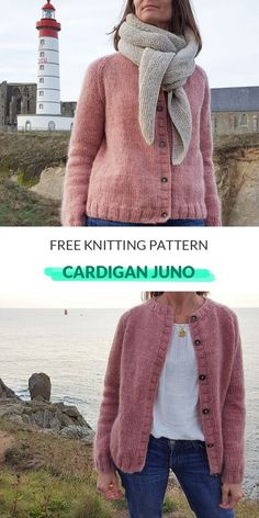 a woman standing in front of a lighthouse wearing a pink cardigan and scarf with the caption free knitting pattern