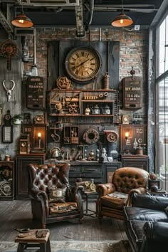 a living room filled with furniture and a clock on the wall