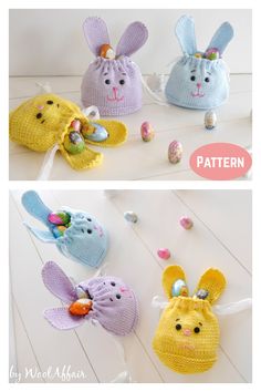 crocheted bunny and rabbit bags are shown in three different colors, one is blue, the other is yellow