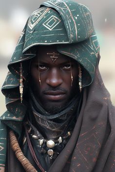 a man wearing a green and gold hat with ear rings on his head is looking at the camera