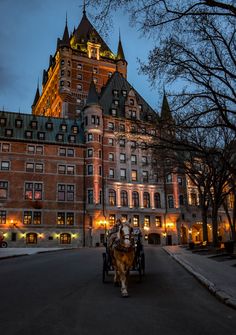 a horse drawn carriage is in front of a large building at night with lights on