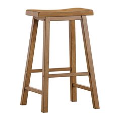 a wooden bar stool with a seat on the back and footrests, made out of wood