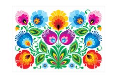 an image of colorful flowers and leaves on a white background in the style of folk art