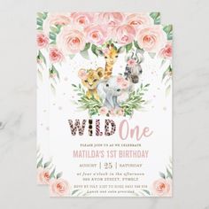 the wild one birthday party card features an elephant and giraffe surrounded by pink roses