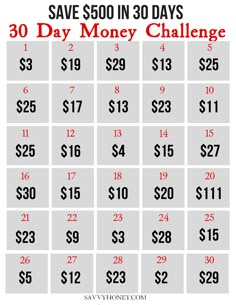 the 30 day money challenge is shown in black and white with red numbers on it