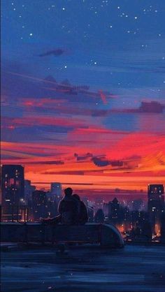 two people are sitting on a bench looking at the city skyline as the sun sets