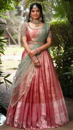 Half Lehenga Designs, Lehanga Look For Reception, Saree Lehnga Design Ideas, Lehanga Designs South Indian, Lengha Design From Saree, Traditional South Indian Lehangas, Ghagra For Engagement, Half Sari Designs, Silk Blouse Designs For Lehenga