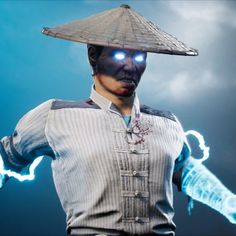 a man wearing a straw hat with blue eyes and lightning in the sky behind him