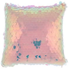 a pink and blue sequinized pillow on a white background with the words mermaid written across it