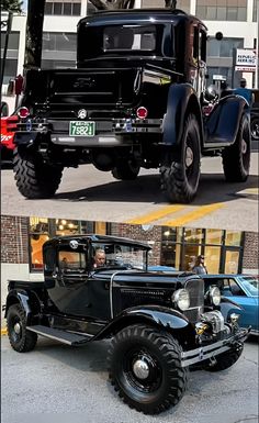 an old black truck driving down the street