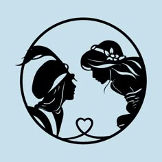 the silhouettes of two women facing each other in a circle with hearts on it