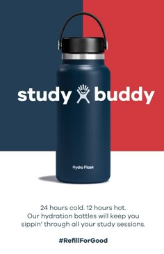 a blue hydro flask bottle with the words study buddy on it and an image of a