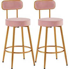 pair of pink velvet bar stools with gold metal frame