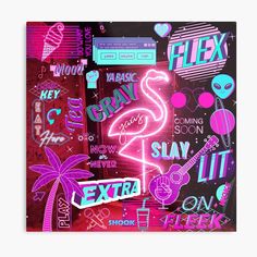 a pink flamingo neon sign surrounded by different types of stickers and lettering on a black background