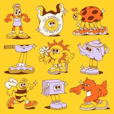 some cartoon characters with different expressions and colors on a yellow background, including ladybug,