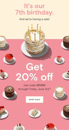 a birthday cake with candles on it and the words get 20 % off use code seven through friday, june 3rd