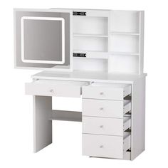 a white desk with a mirror and drawers