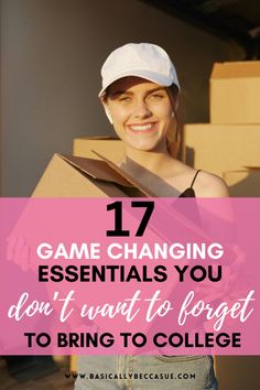 a woman holding a box with the words 17 game changing essentials you don't want to forget to college